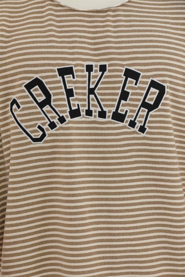 Creker ters nakış detaylı kahve-beyaz çizgili oversize t-shirt