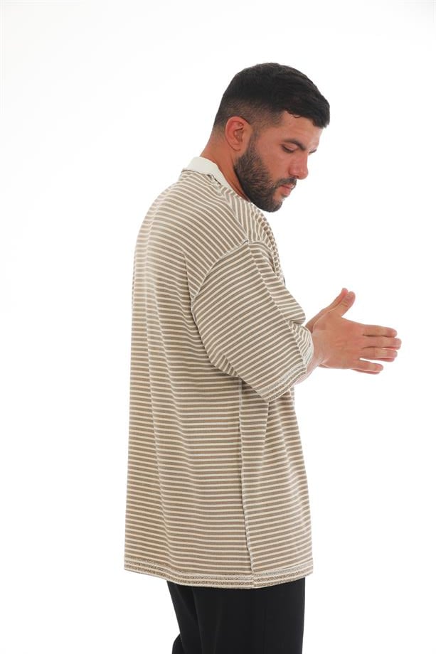 Creker ters nakış detaylı kahve-beyaz çizgili oversize t-shirt