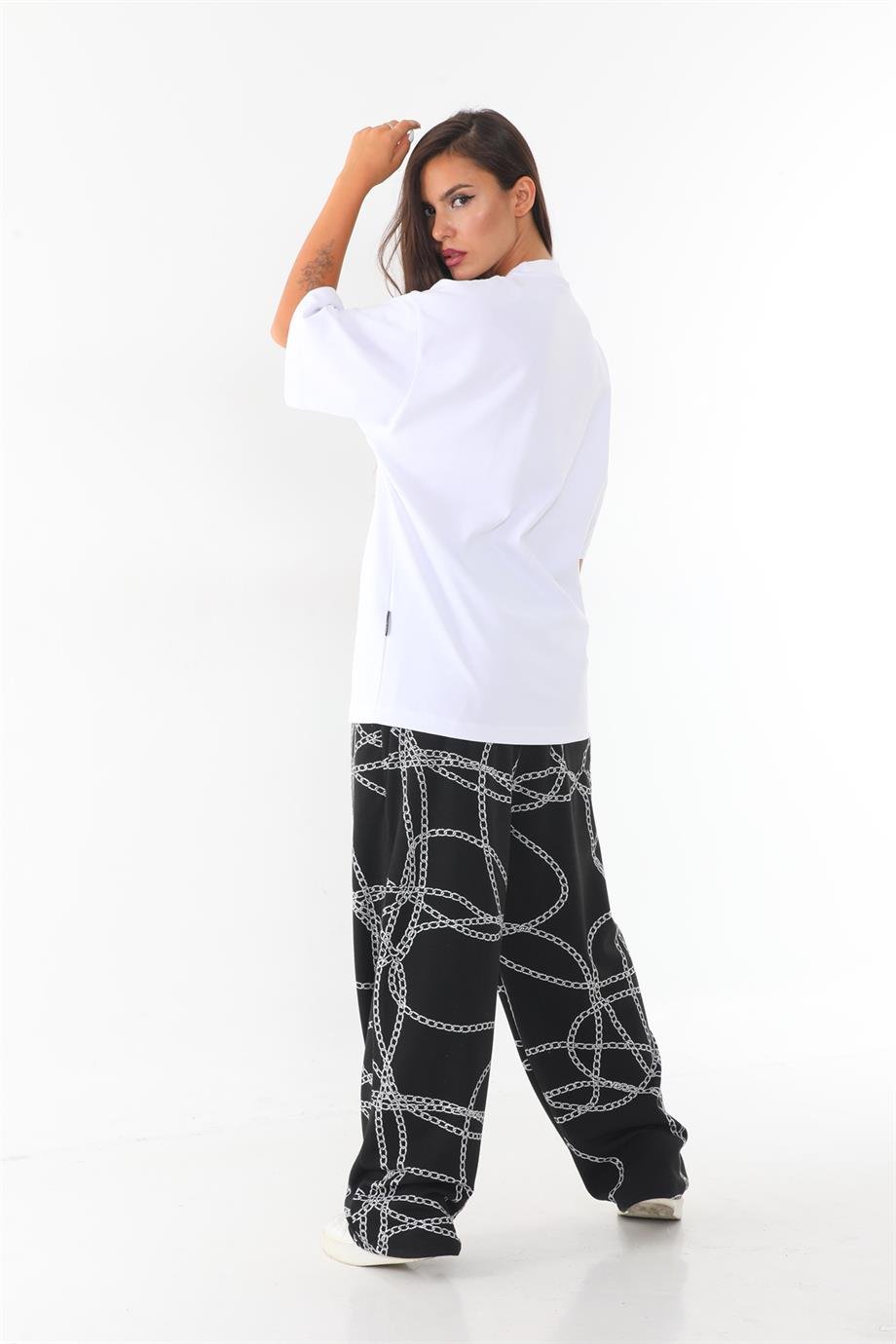 Yüksek gramajlı jakar kumaş zincir desenli oversize baggy pantolon