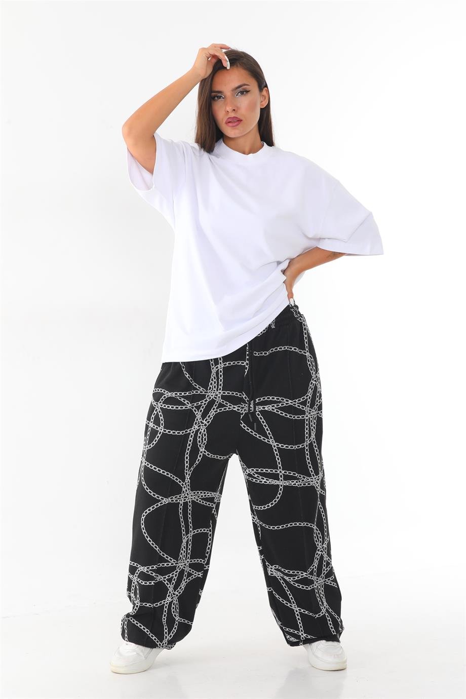 Yüksek gramajlı jakar kumaş zincir desenli oversize baggy pantolon