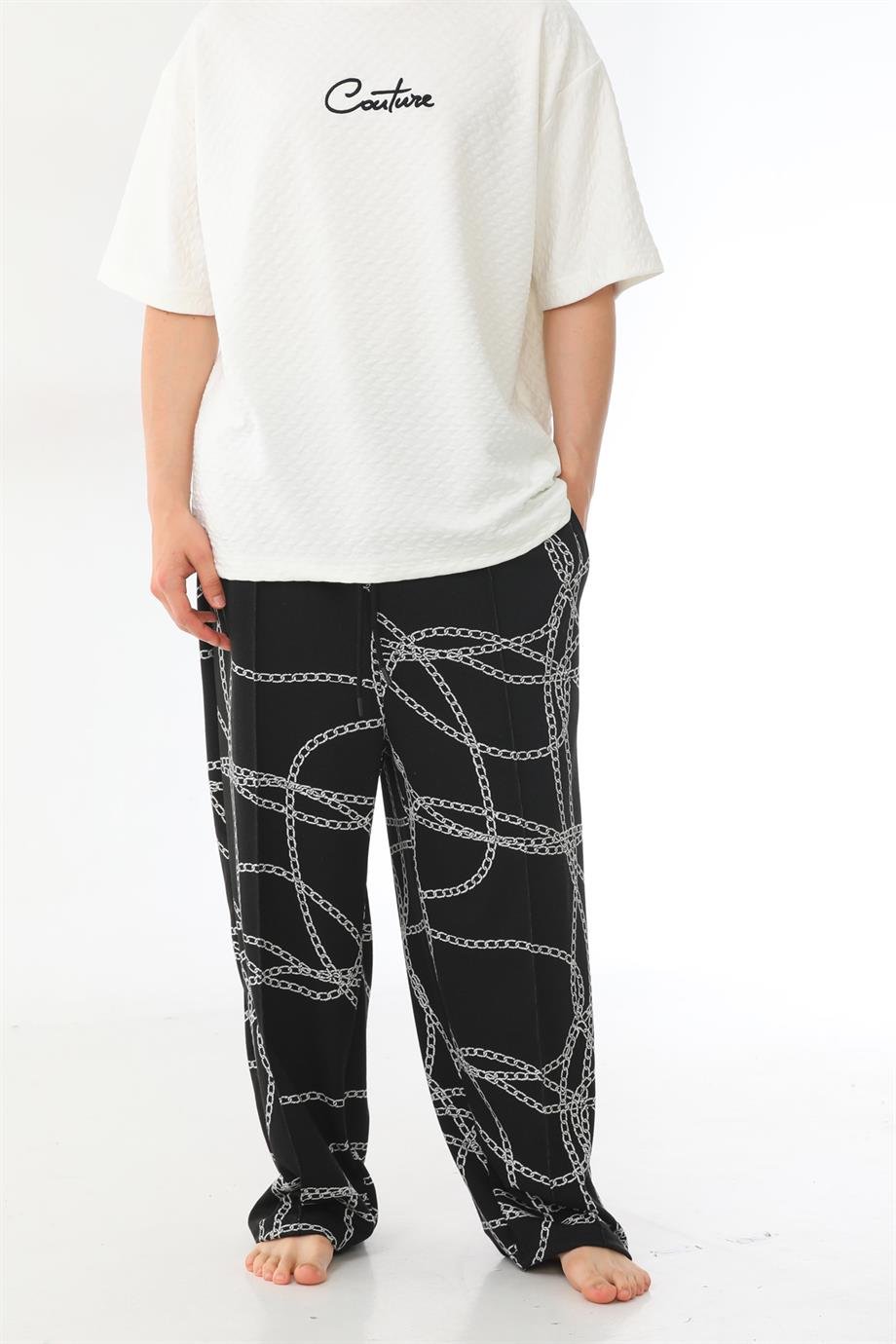 Yüksek gramajlı jakar kumaş zincir desenli oversize baggy pantolon