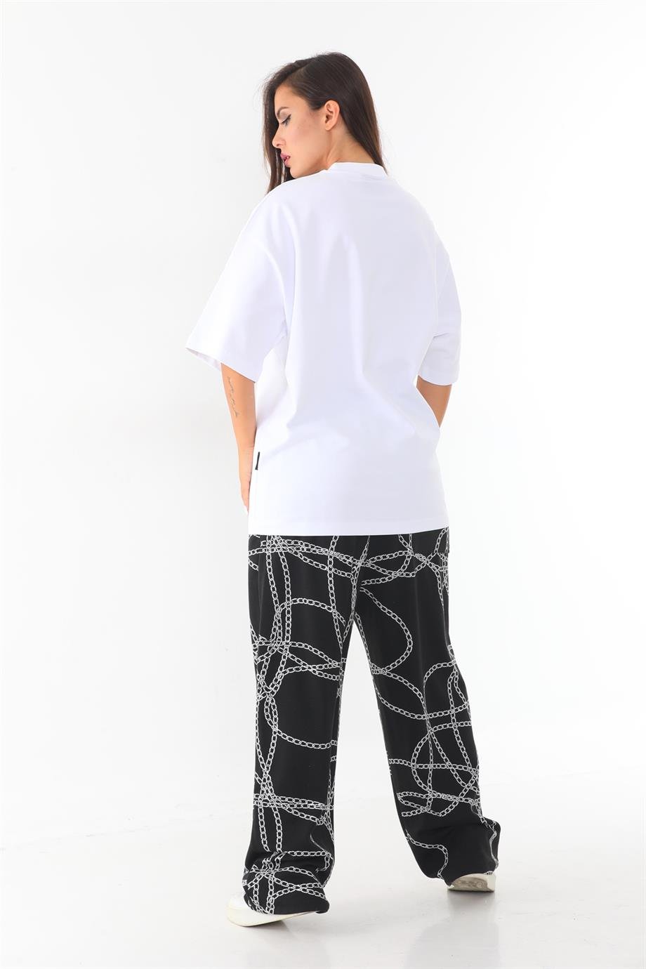 Yüksek gramajlı jakar kumaş zincir desenli oversize baggy pantolon