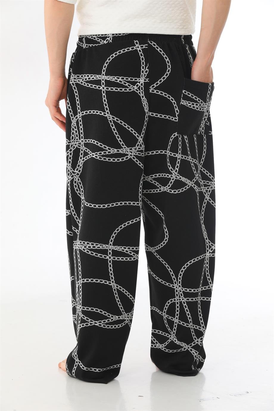 Yüksek gramajlı jakar kumaş zincir desenli oversize baggy pantolon