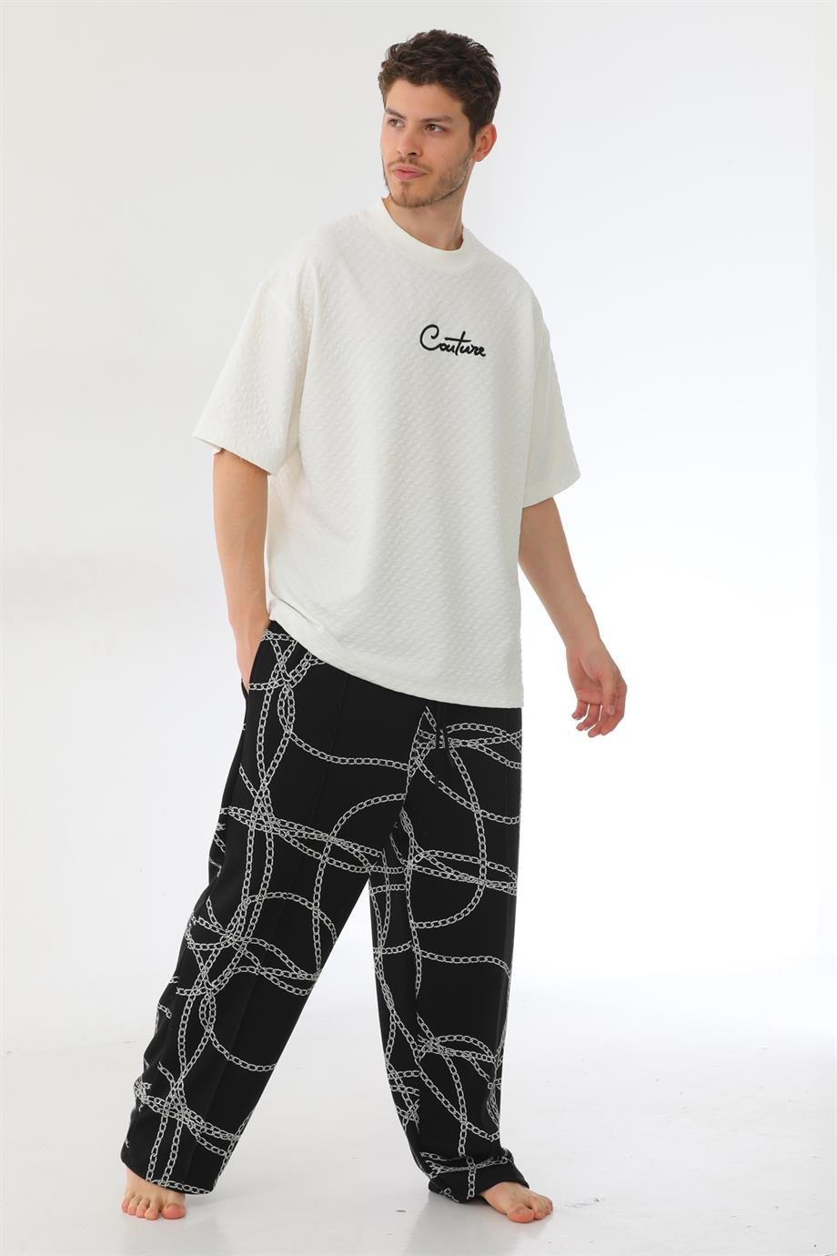 Yüksek gramajlı jakar kumaş zincir desenli oversize baggy pantolon