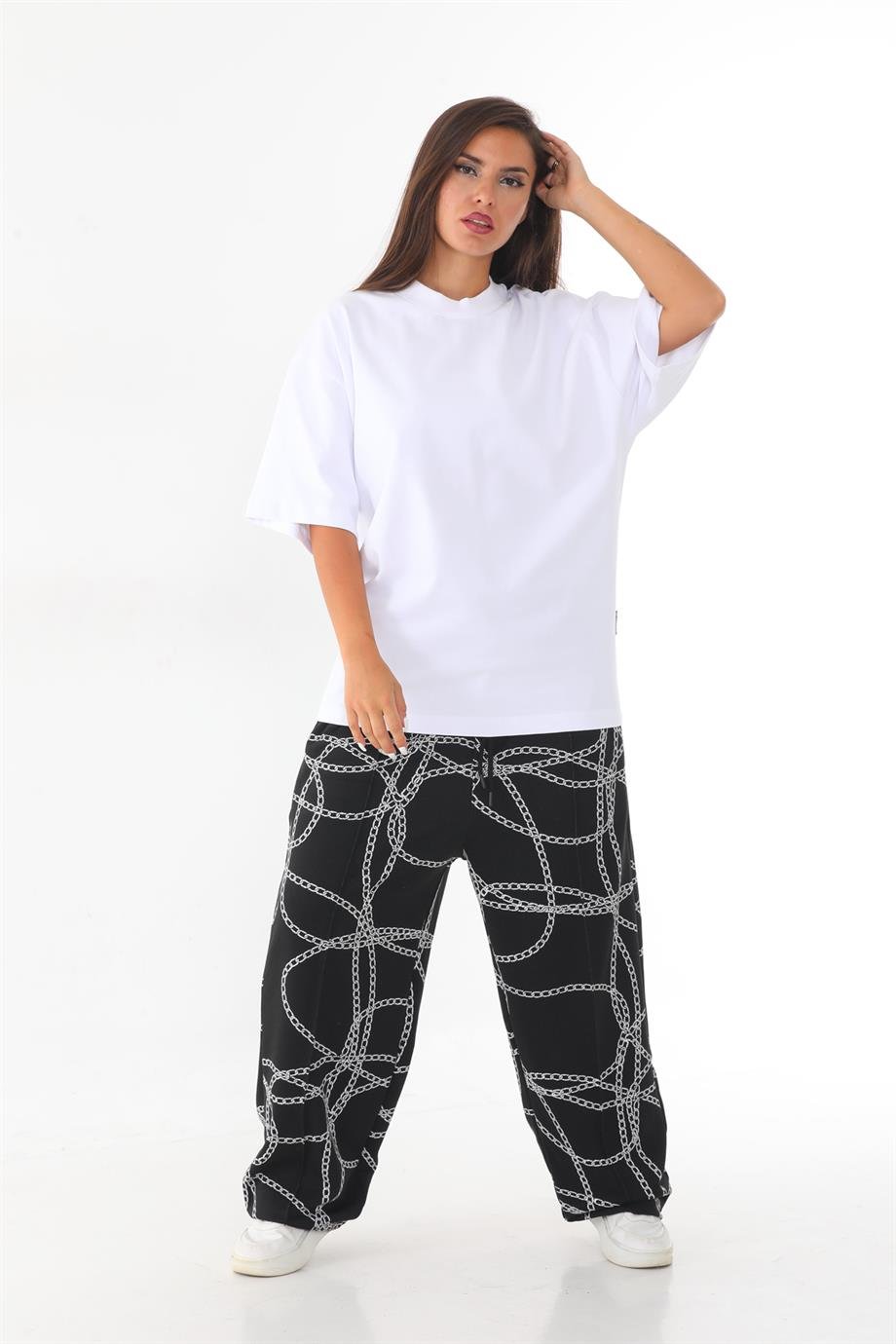 Yüksek gramajlı jakar kumaş zincir desenli oversize baggy pantolon