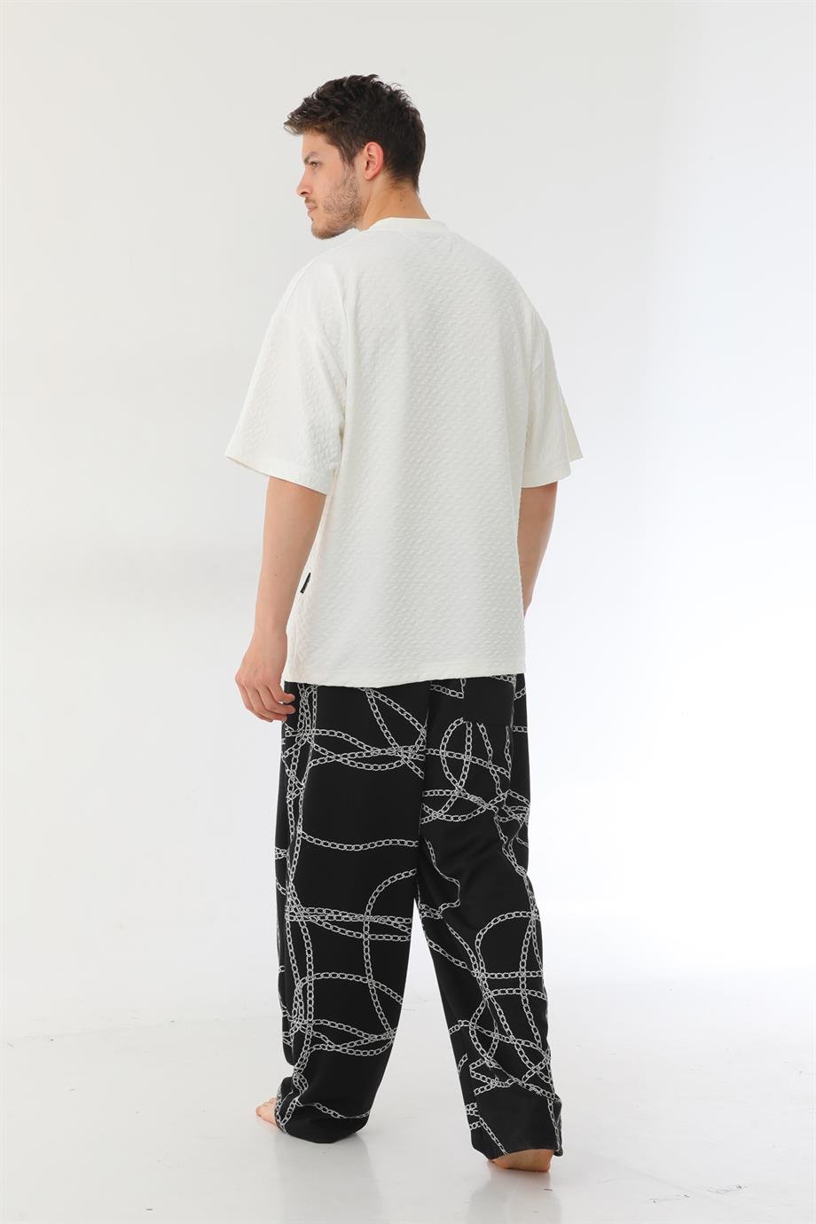 Yüksek gramajlı jakar kumaş zincir desenli oversize baggy pantolon