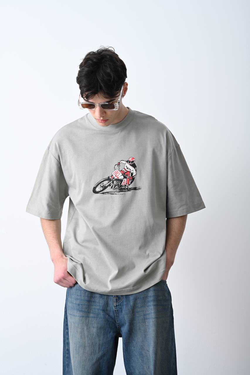 Yüksek Gramajlı Gri Motorsiklet Baskı Detaylı Unisex Oversize T-Shirt