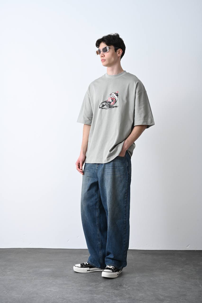 Yüksek Gramajlı Gri Motorsiklet Baskı Detaylı Unisex Oversize T-Shirt
