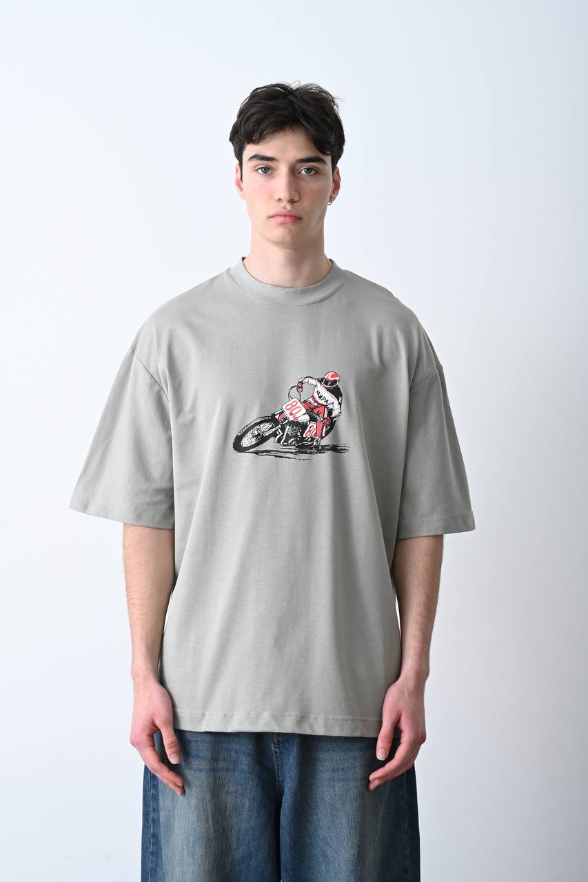 Yüksek Gramajlı Gri Motorsiklet Baskı Detaylı Unisex Oversize T-Shirt