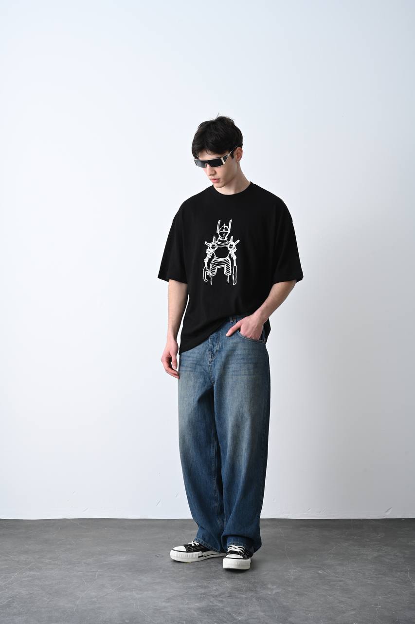 Yüksek Gramajlı Siyah Robot Baskı Detaylı Unisex Oversize T-Shirt
