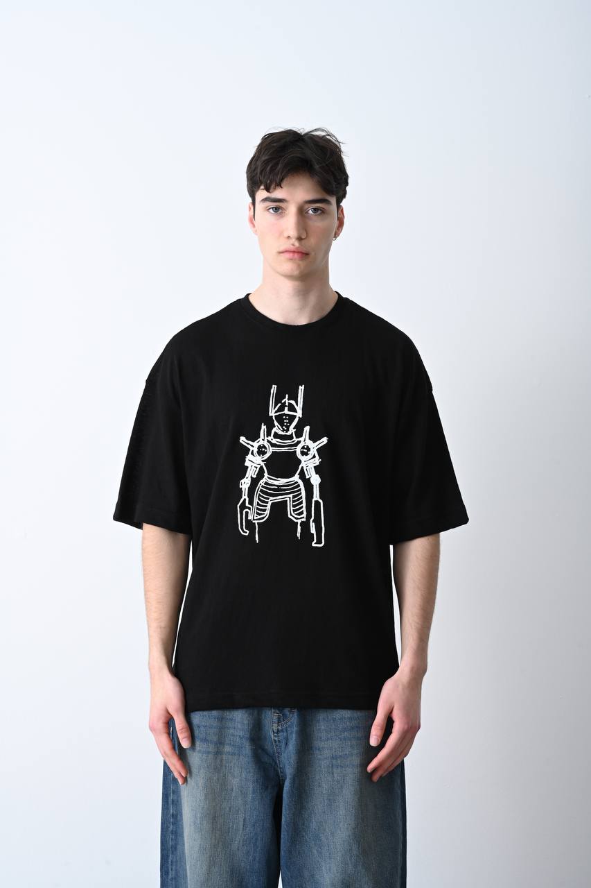 Yüksek Gramajlı Siyah Robot Baskı Detaylı Unisex Oversize T-Shirt