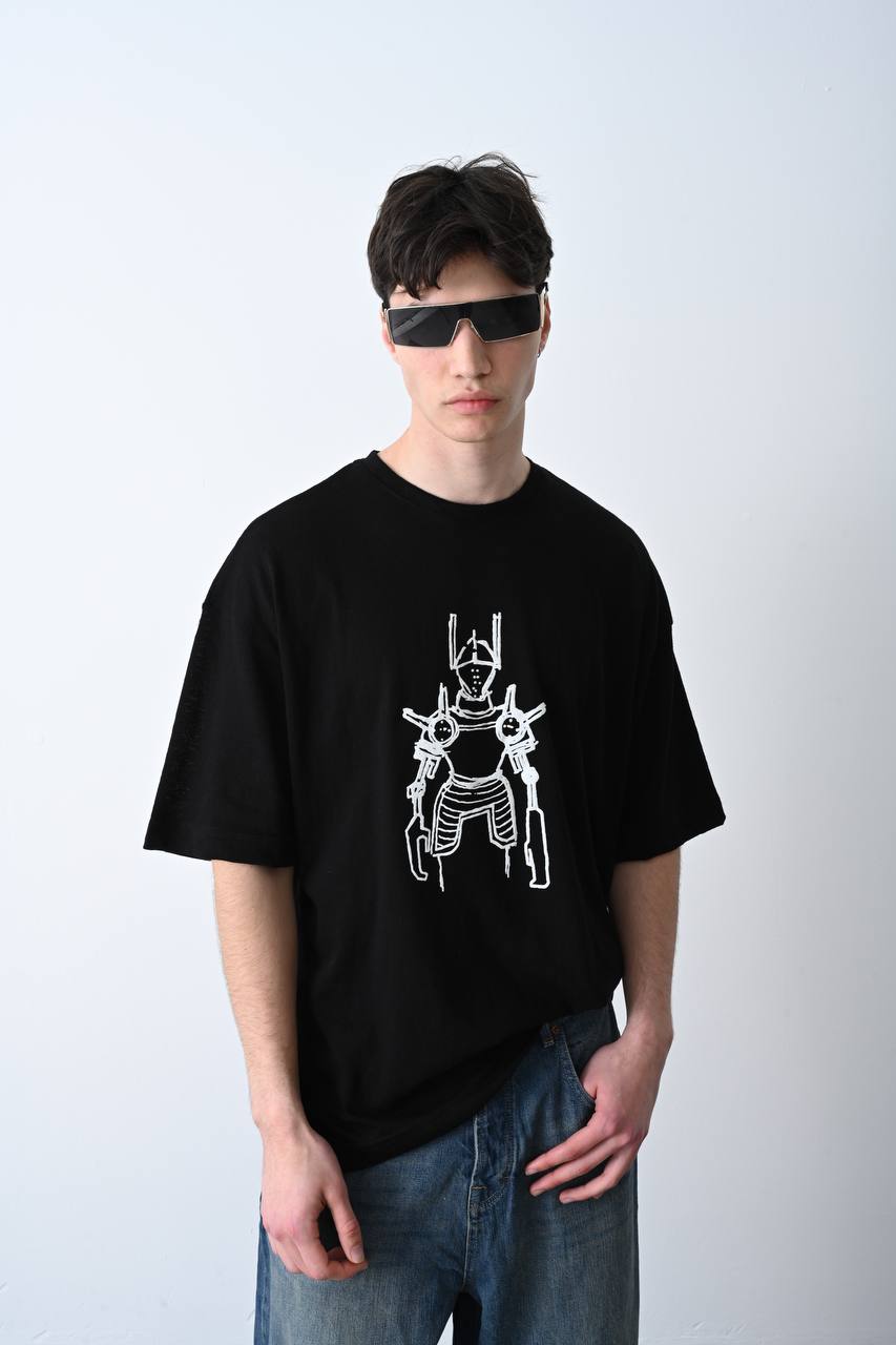 Yüksek Gramajlı Siyah Robot Baskı Detaylı Unisex Oversize T-Shirt