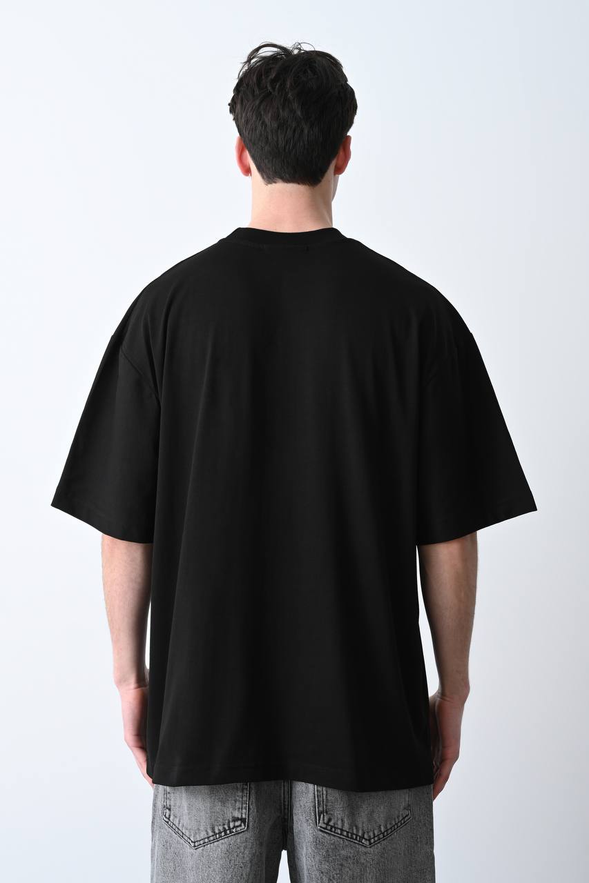 Yüksek Gramajlı Siyah Robot Baskı Detaylı Unisex Oversize T-Shirt